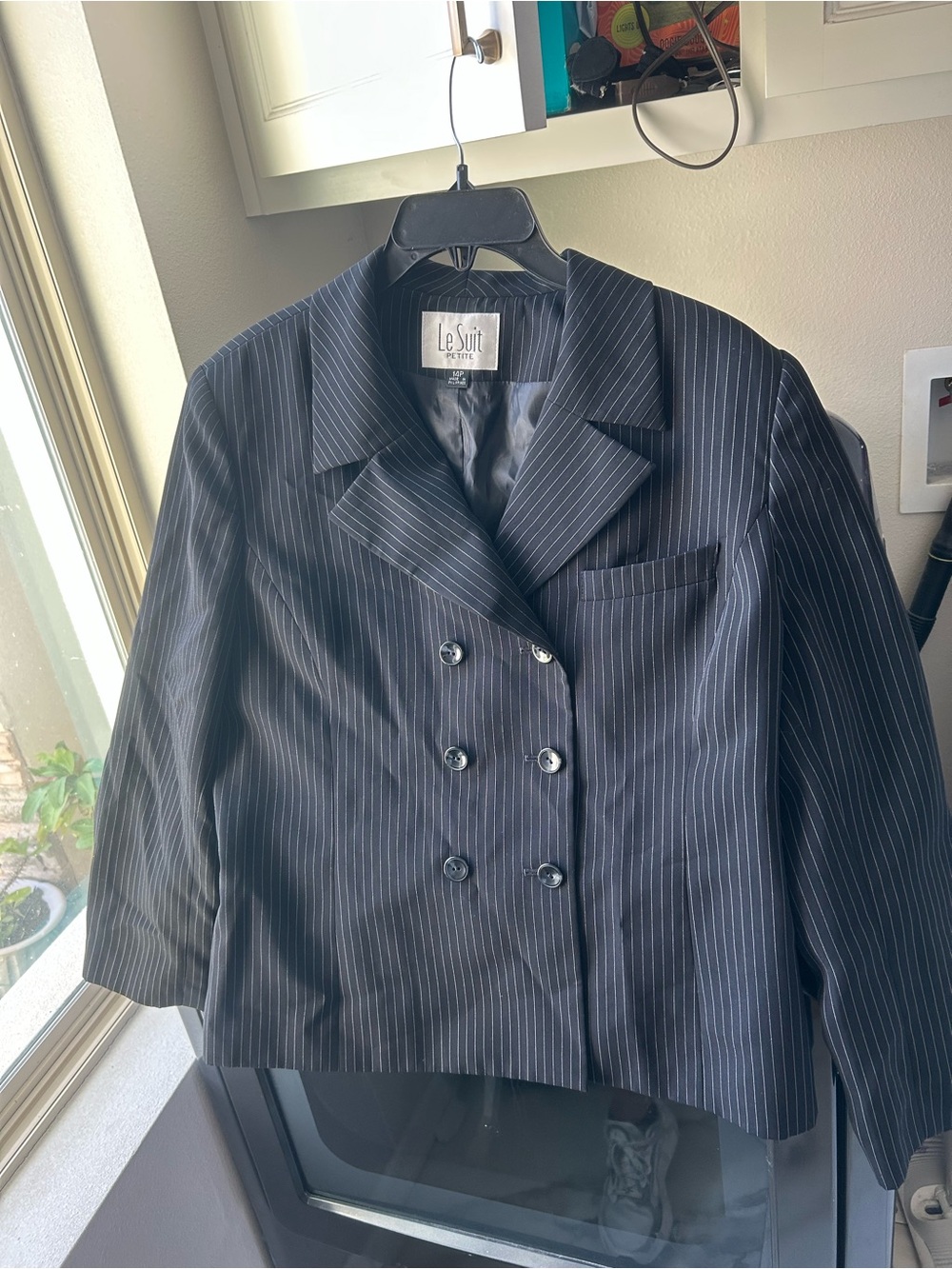 Le Suit Black Pinstripe Double-Breasted Women's Blazer Jacket